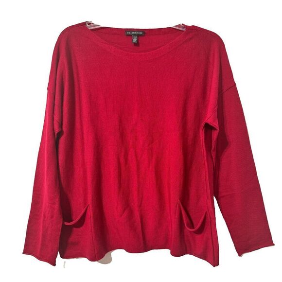 Eileen Fisher Sweaters - Eileen Fisher Womens Ripped Blouse Top Red Small Long Sleeve Pullover Round Neck